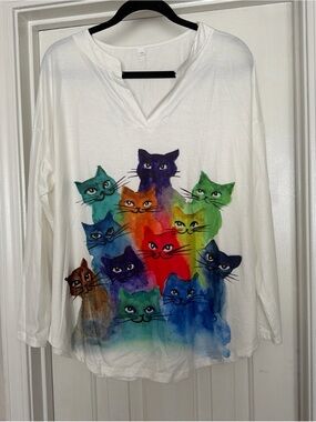 Unbranded White Long-Sleeve Cat Tee with Multicolor Watercolor Cats